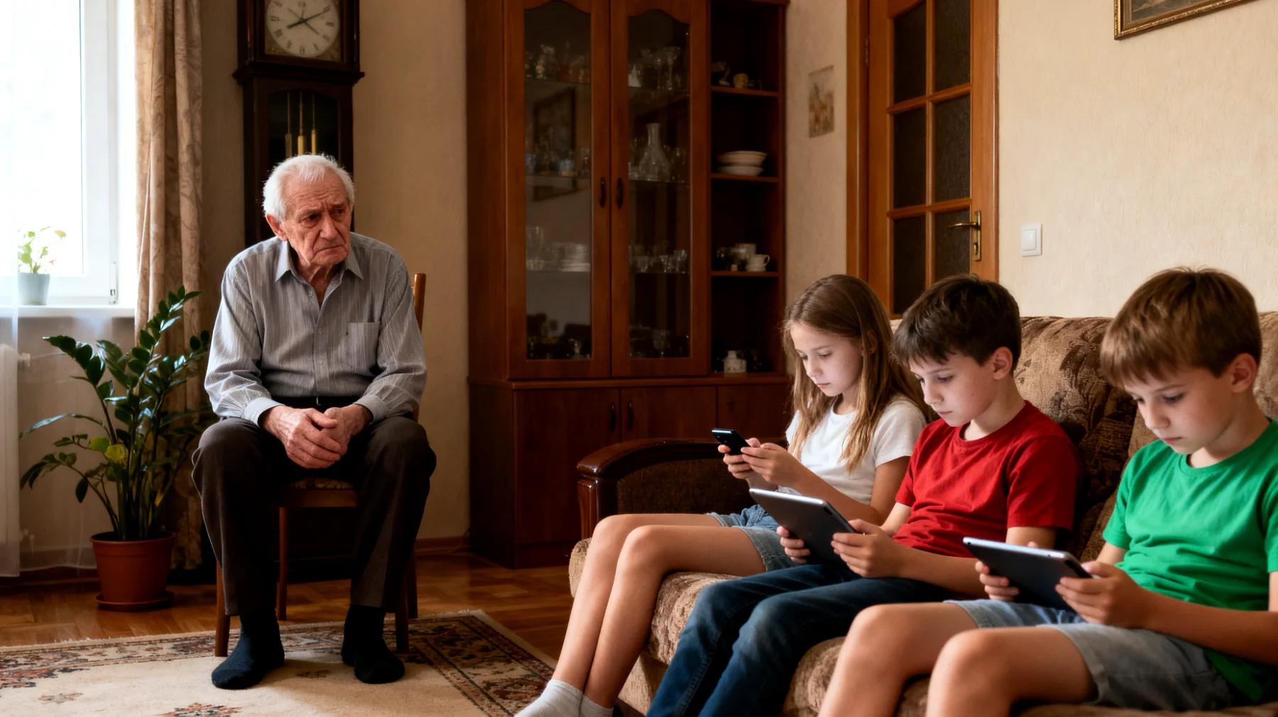 Dziadek ma trudności w budowaniu relacji z wnukami z powodu różnic pokoleniowych w podejściu do wychowania, wartości i sposobu komunikacji, co prowadzi do napięć i wzajemnego niezrozumienia."