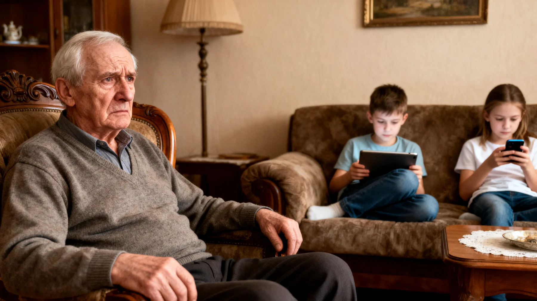 Dziadek martwi się o bezpieczeństwo swoich małych wnuków w internecie i nie wie, jak rozmawiać z nimi o odpowiedzialnym korzystaniu z mediów społecznościowych, aplikacji i treści online dostępnych na tabletach i smartfonach"